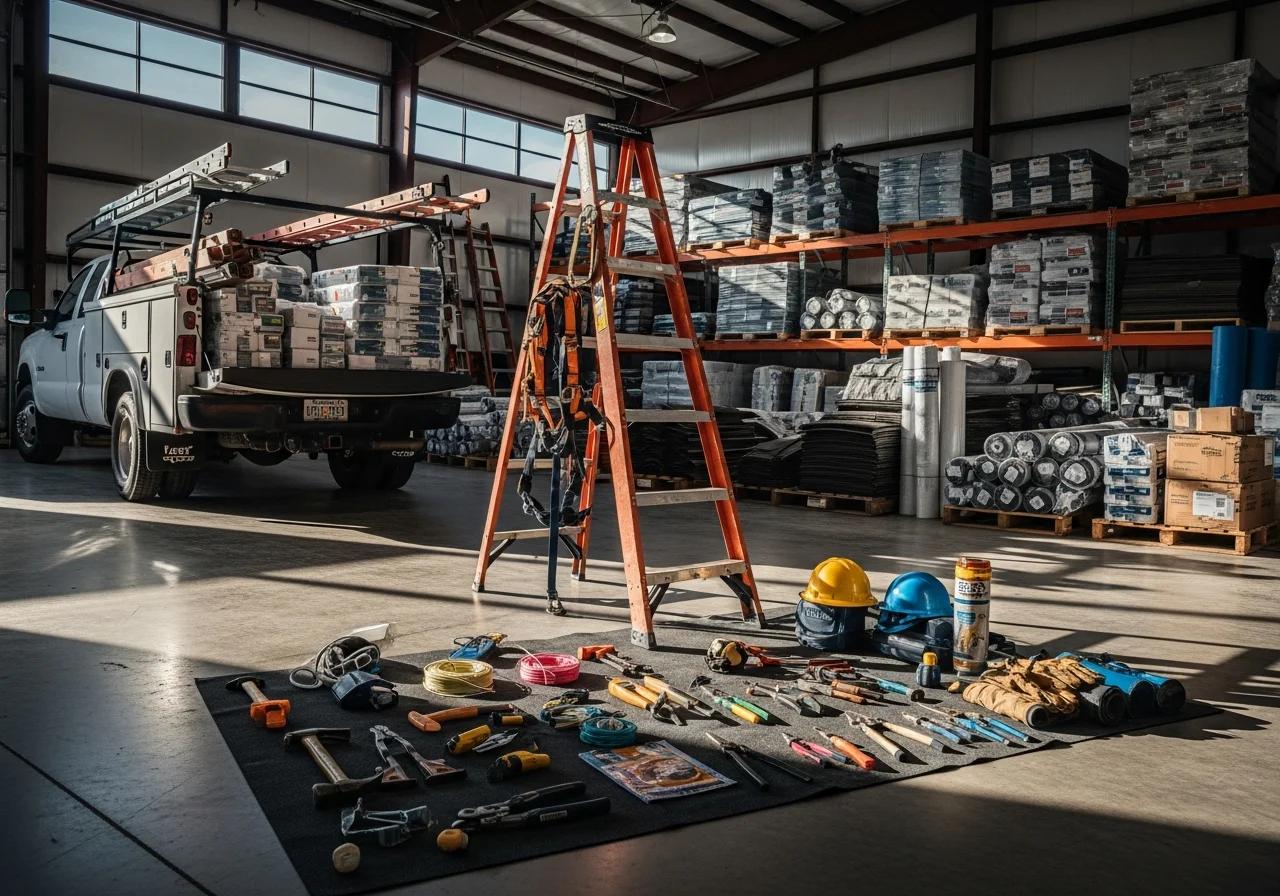 Construction crew and equipment ready for roofing and general construction work. Shop floor with tools and materials for residential and commercial projects.