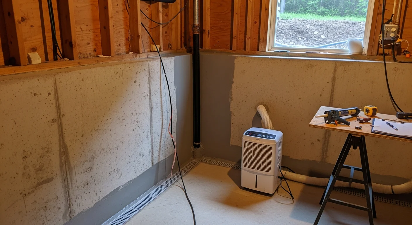 A dry, clean basement interior in an Ashland, Ohio home after professional waterproofing, showing sealed concrete block walls with no visible moisture or staining. A perimeter drainage channel runs along the base of the foundation wall, directing water away from the living space.