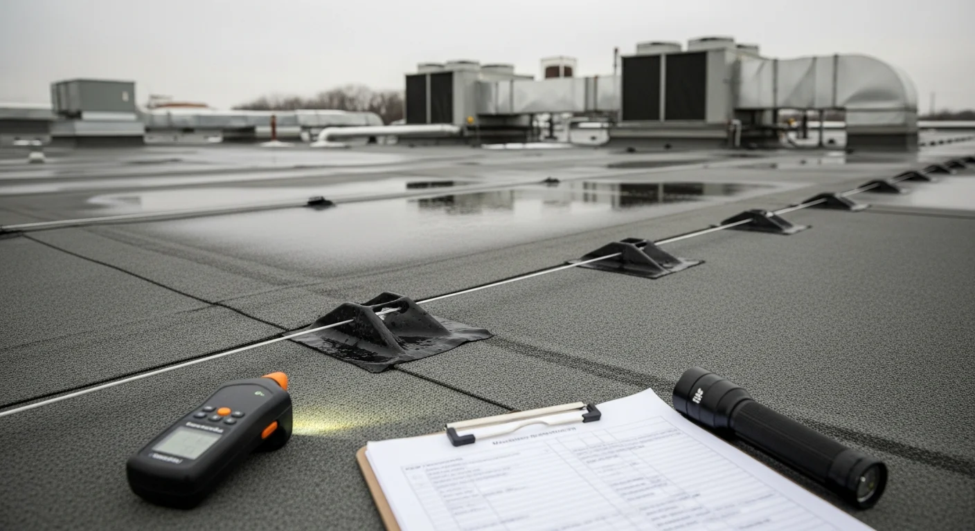 A Heritage Solutions LLC crew member inspecting the flat membrane roof of a commercial building in Ashland, Ohio, checking drainage areas and seams after winter weather. Close-up view shows a clean rooftop with cleared drains and intact flashing along the parapet wall.