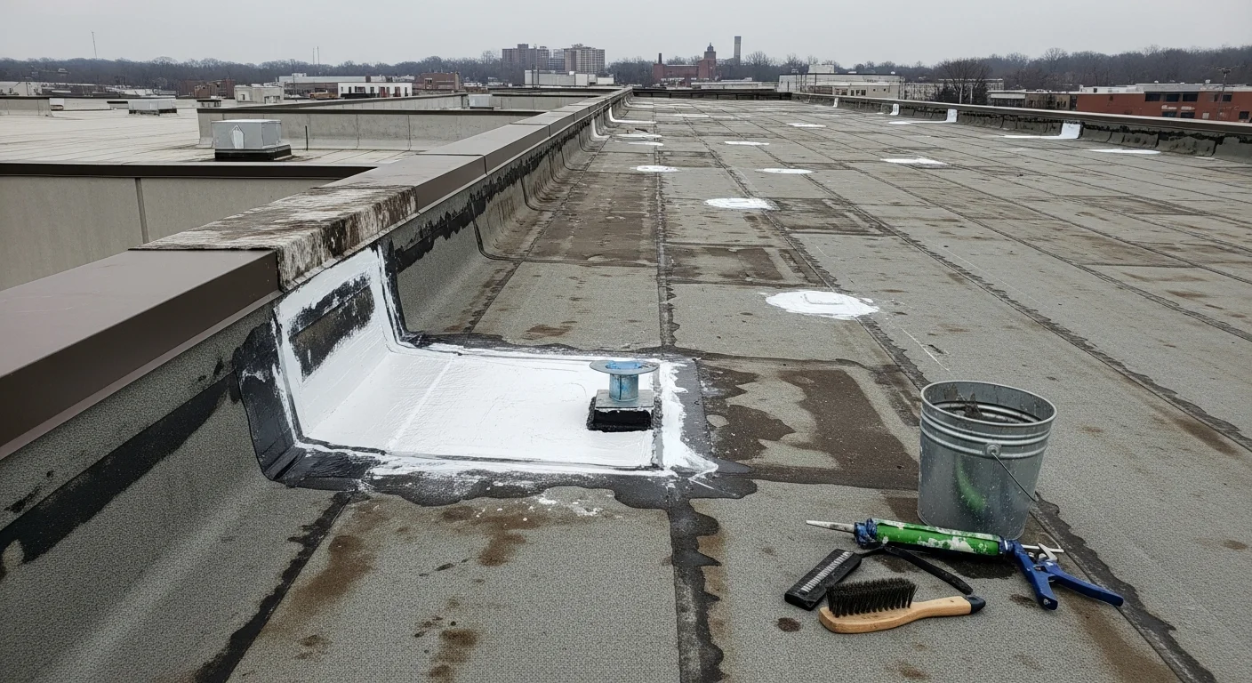 A flat commercial roof in Ashland, Ohio after restoration work, showing a clean, sealed membrane surface with repaired flashing along the parapet edges. The surrounding area includes a mid-size commercial building typical of the Ashland business district.