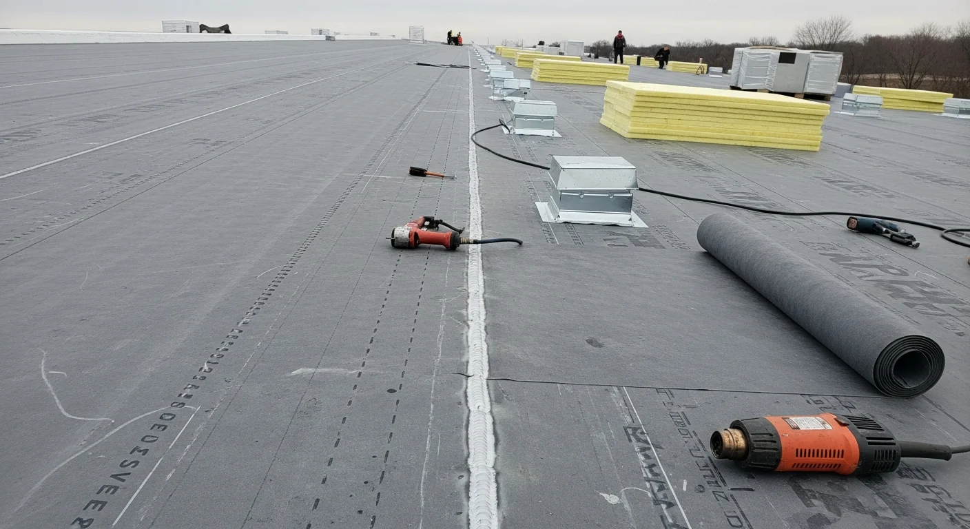 A completed flat commercial roof installation on a warehouse-style building in Ashland, Ohio, showing a smooth membrane surface with visible drainage points and rooftop HVAC equipment. The surrounding area reflects a typical northeast Ohio commercial district setting.