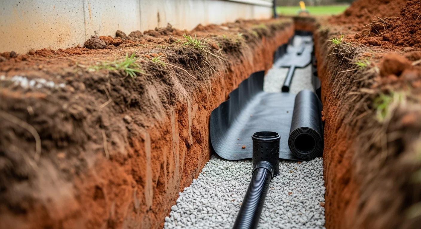 A freshly installed French drain running along the exterior foundation of a residential home in Ashland, Ohio, with gravel backfill and a perforated pipe visible in the trench. The surrounding clay soil has been graded to direct surface water away from the foundation wall.