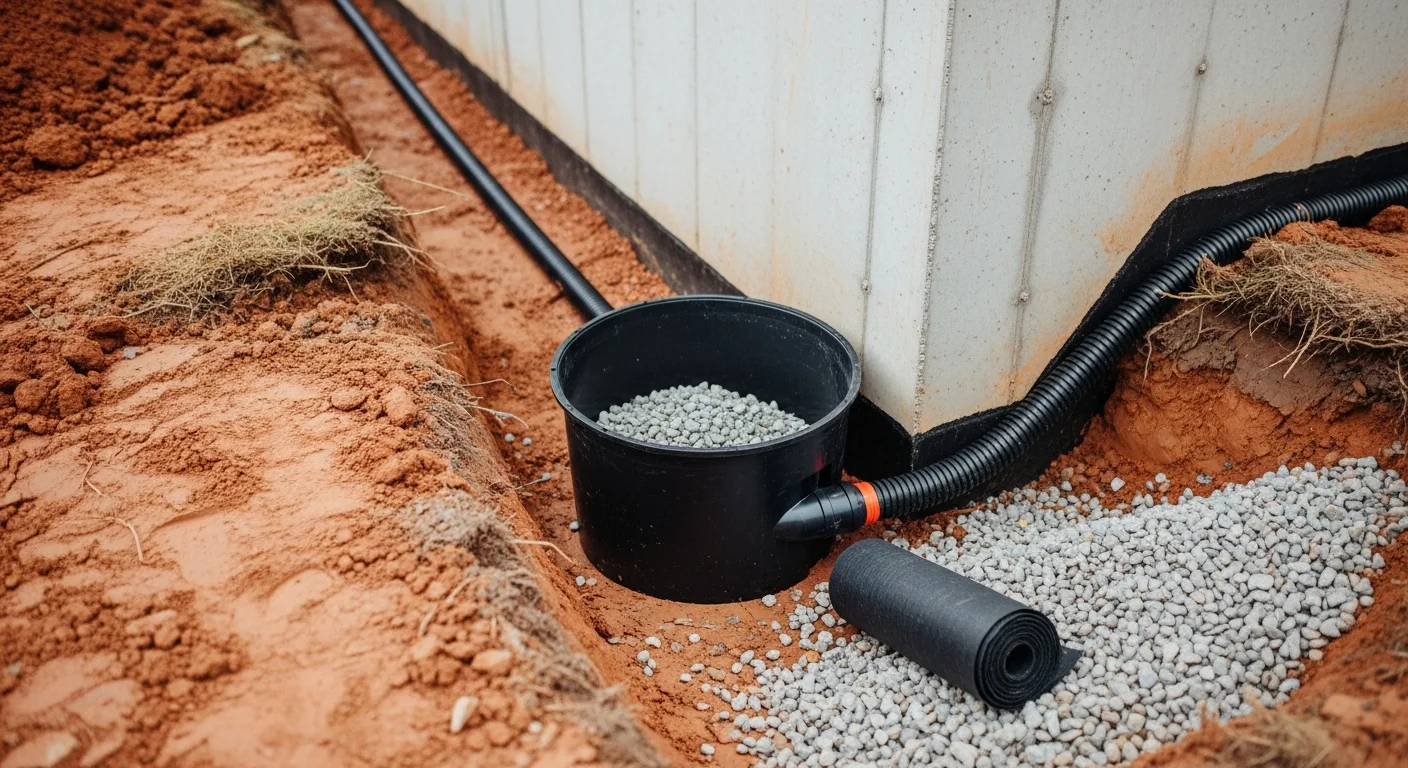 A foundation drainage system installed along the perimeter of a residential home in Ashland, Ohio, with a gravel-lined trench directing water away from the foundation wall. The surrounding soil shows signs of Ohio clay typical of the region.
