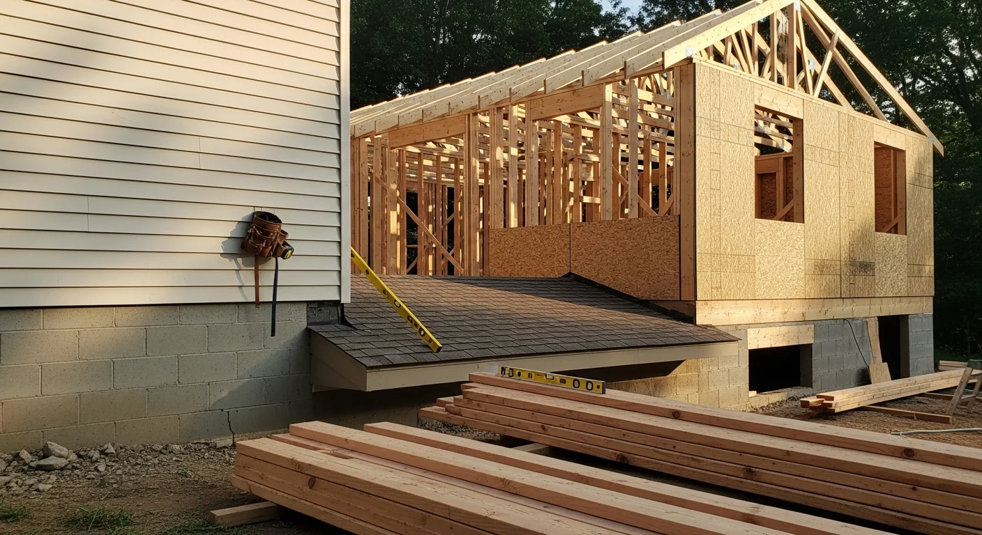 A newly completed single-story home addition attached to an existing single-family house in Ashland, Ohio, with matched siding and a continuous roofline. The addition extends the rear of the home and includes a window grouping consistent with the original structure.