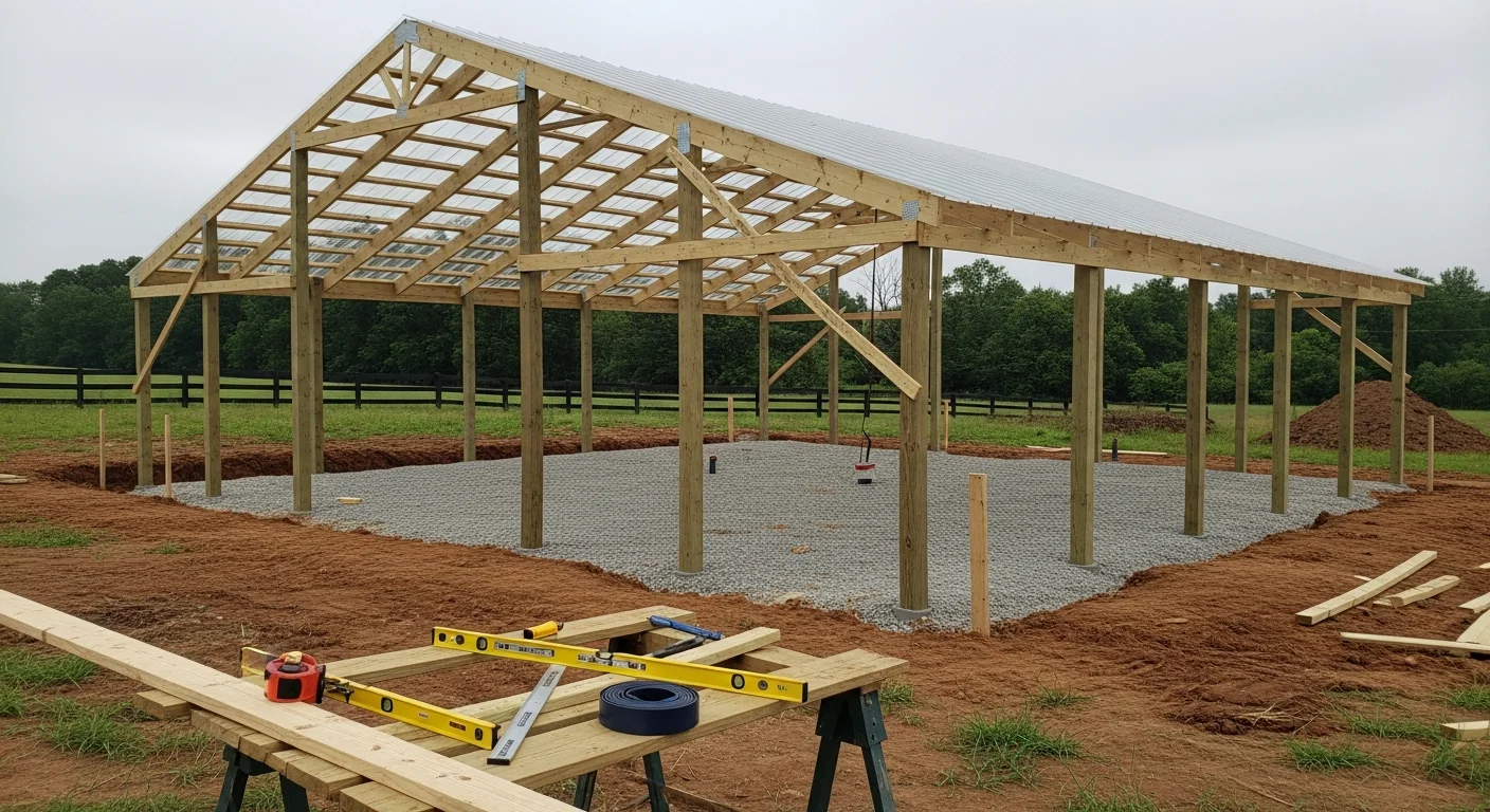 A completed steel-sided pole barn with large sliding doors on a rural Ashland, Ohio property, surrounded by open farmland. The post-frame structure features a metal roof and clear-span interior visible through the open bay.