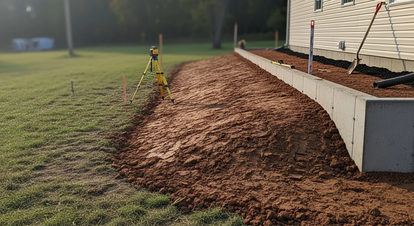 A graded residential yard in Ashland, Ohio showing a smooth, outward-sloping soil surface around a home's foundation perimeter. Corrected grade directs water away from the foundation wall toward the open yard.