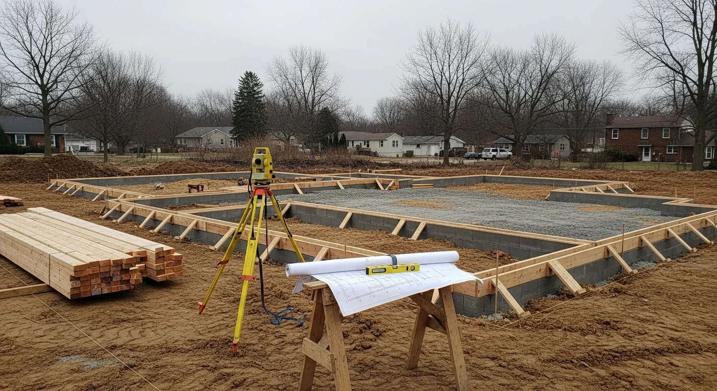 A newly framed residential home under construction on a cleared lot in Ashland, Ohio, with wood framing, roof trusses, and a concrete foundation visible. A Heritage Solutions LLC job site in Ashland County showing structural framing at the early build stage.