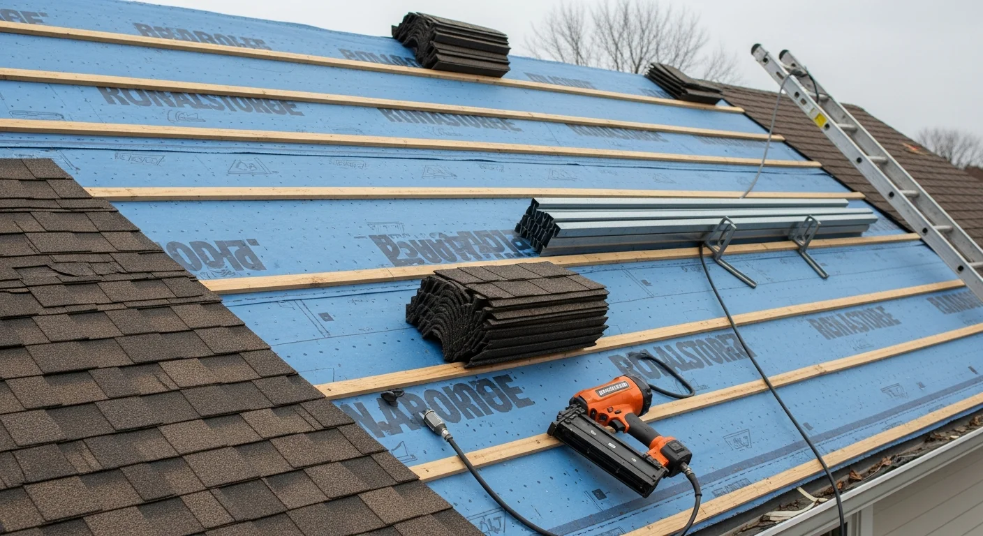 A freshly installed residential roof on a two-story home in Ashland, Ohio, showing clean shingle lines, new ridge cap, and properly sealed flashing at the chimney. The surrounding neighborhood reflects the mix of established homes typical of Ashland's residential streets.