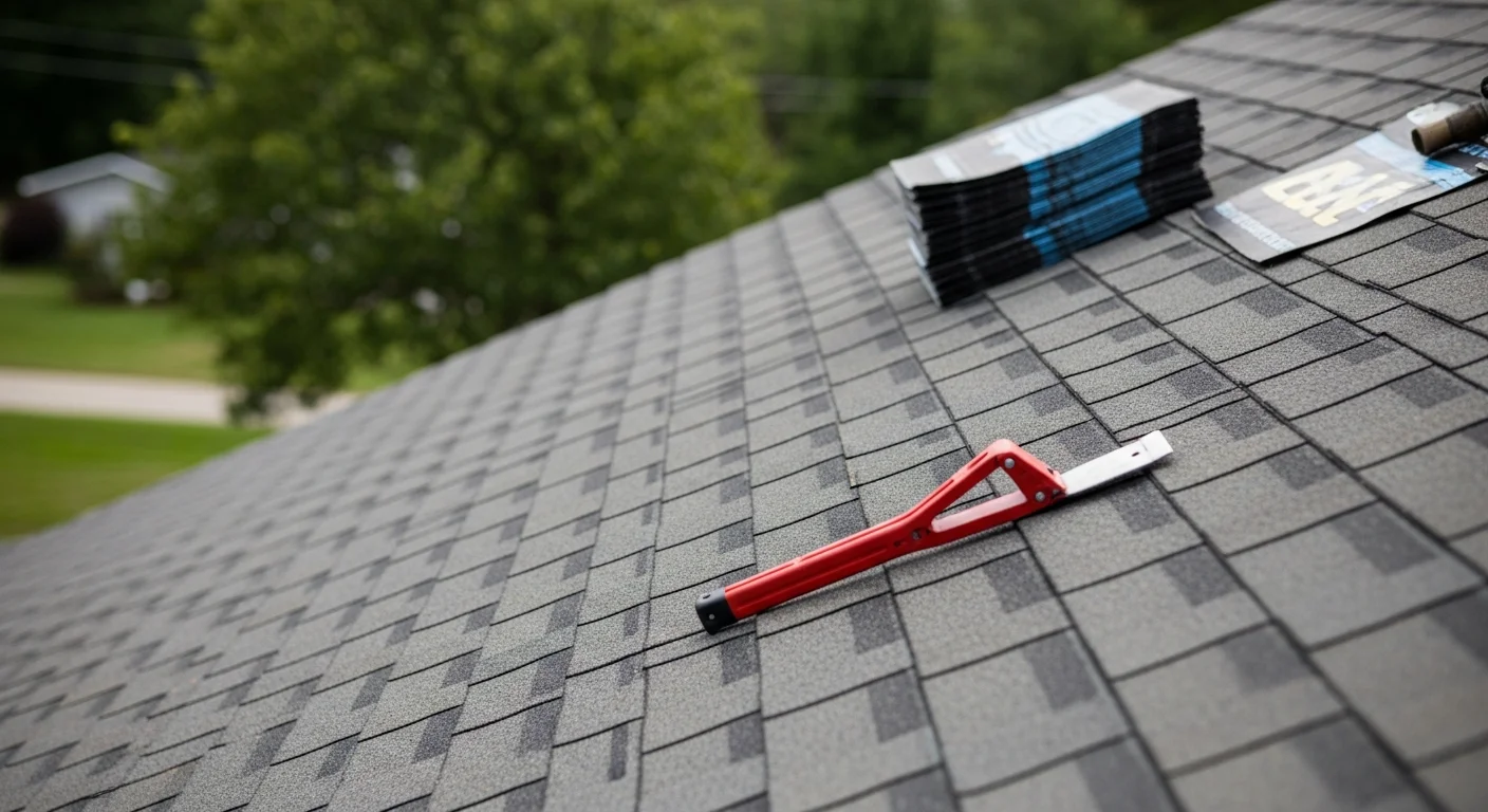 A roofing contractor from Heritage Solutions LLC inspecting damaged shingles on a residential home in Ashland, Ohio. Close-up view shows repaired flashing and replaced shingles on an older single-family home with an Ohio winter sky in the background.