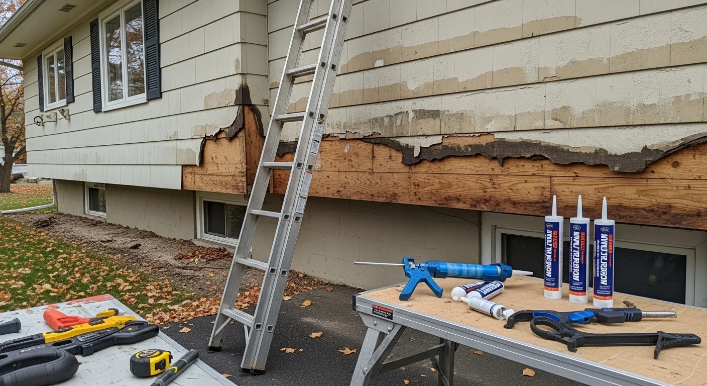 A Heritage Solutions LLC crew member repairing damaged siding panels on a single-family home in Ashland, Ohio. Close-up view shows cracked and warped panels being replaced along the lower exterior wall after storm damage.