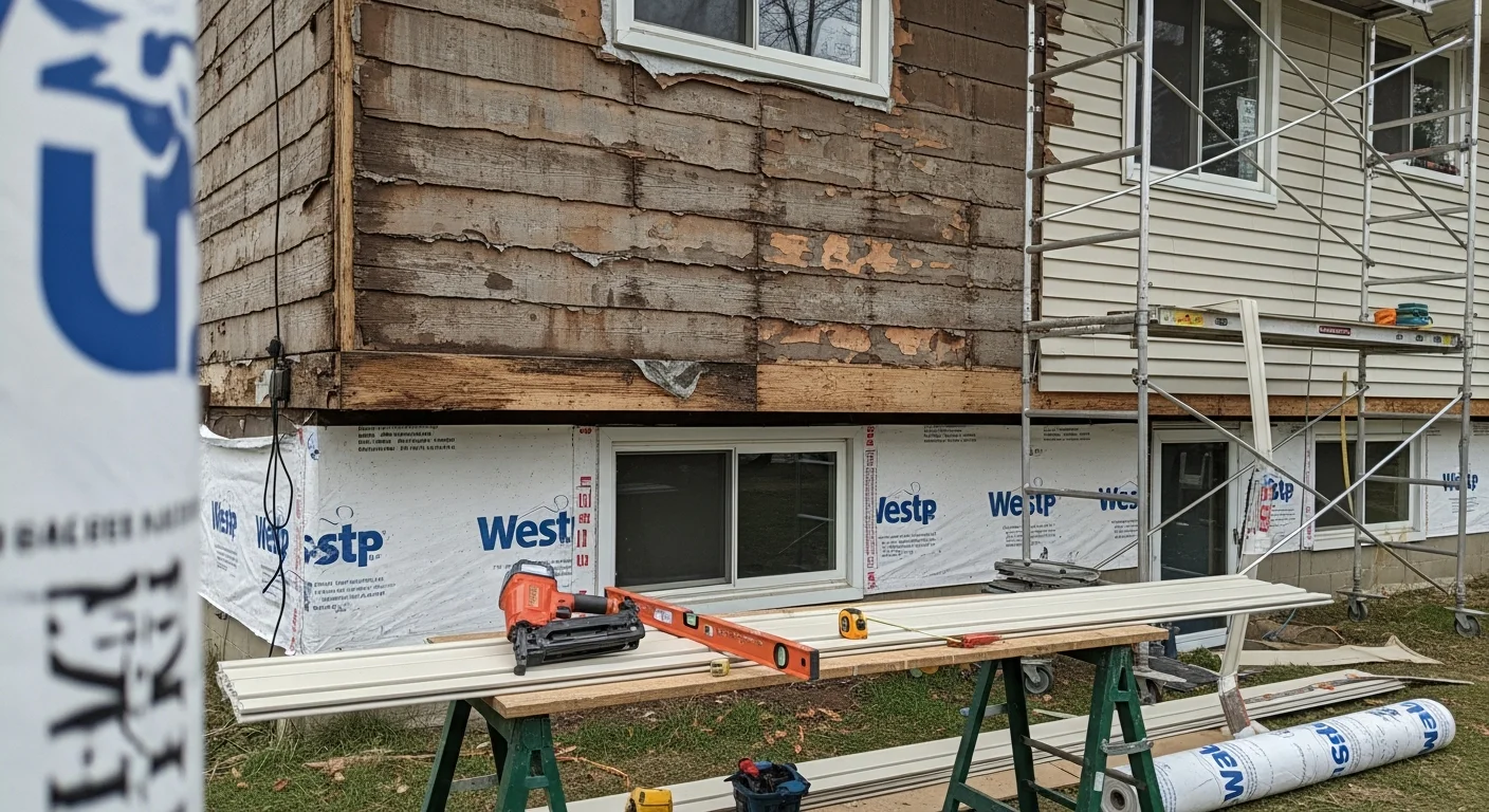Freshly installed exterior siding on a single-family home in Ashland, Ohio, showing clean panel lines and new trim around windows. The completed replacement covers the full front and side elevations of a mid-century residential property.